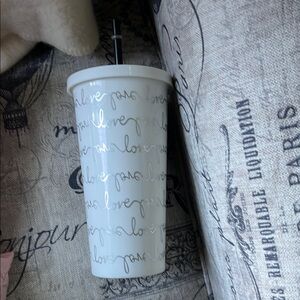 Kate Spade White Travel Tumbler with Gold Script
